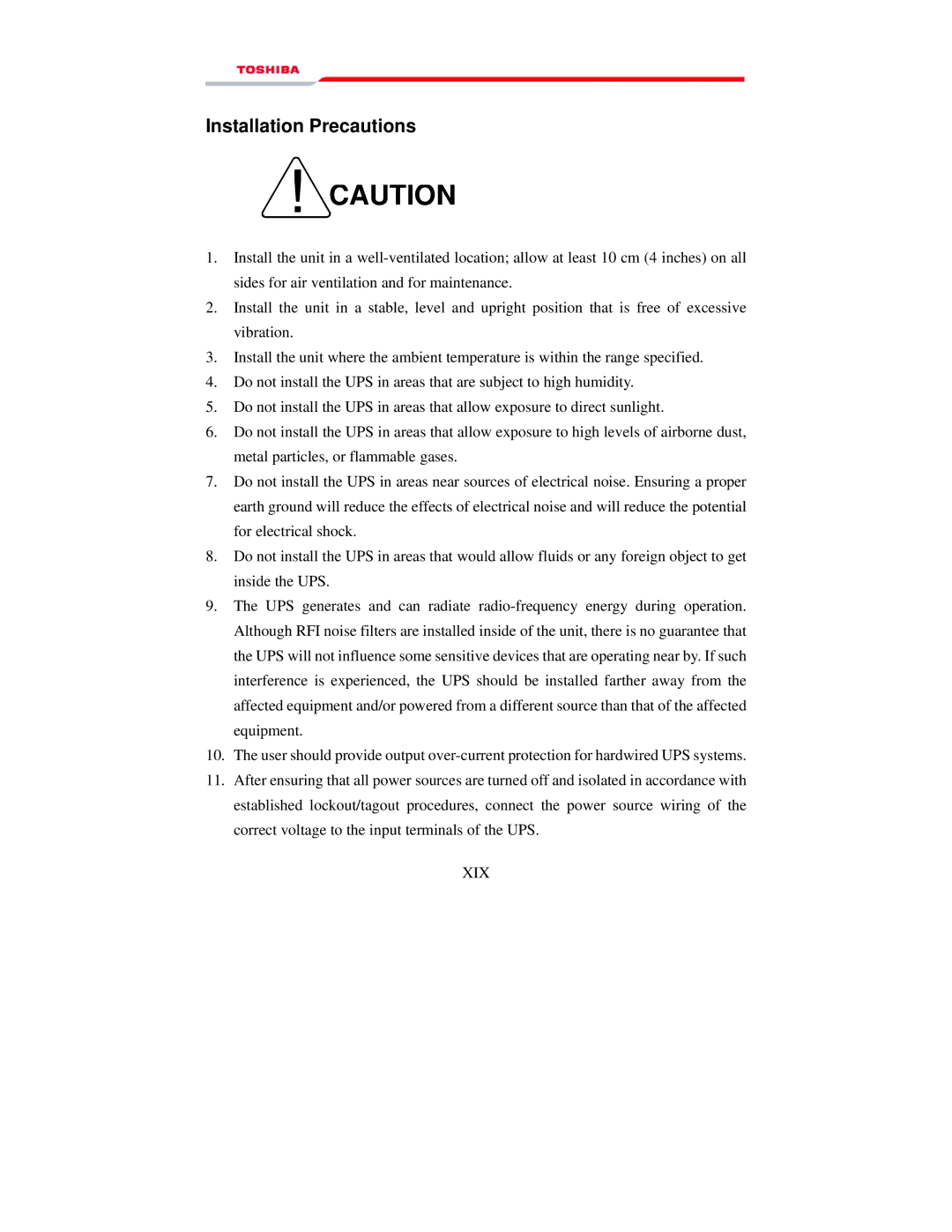 Toshiba 1000 manual Installation Precautions 