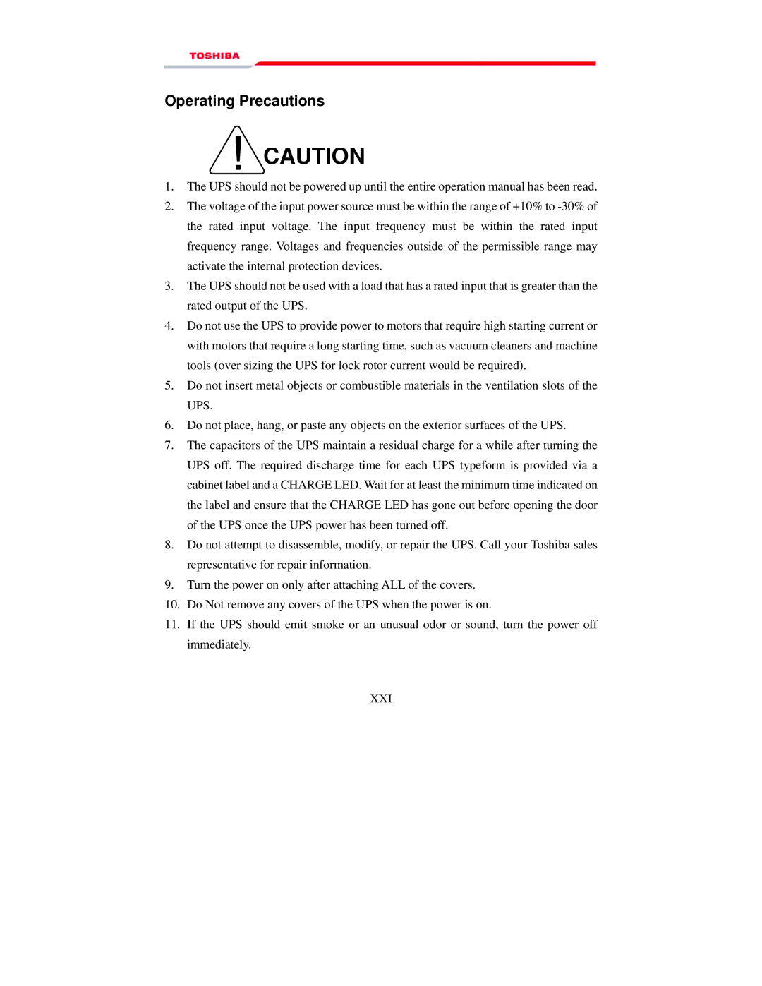 Toshiba 1000 manual Operating Precautions 