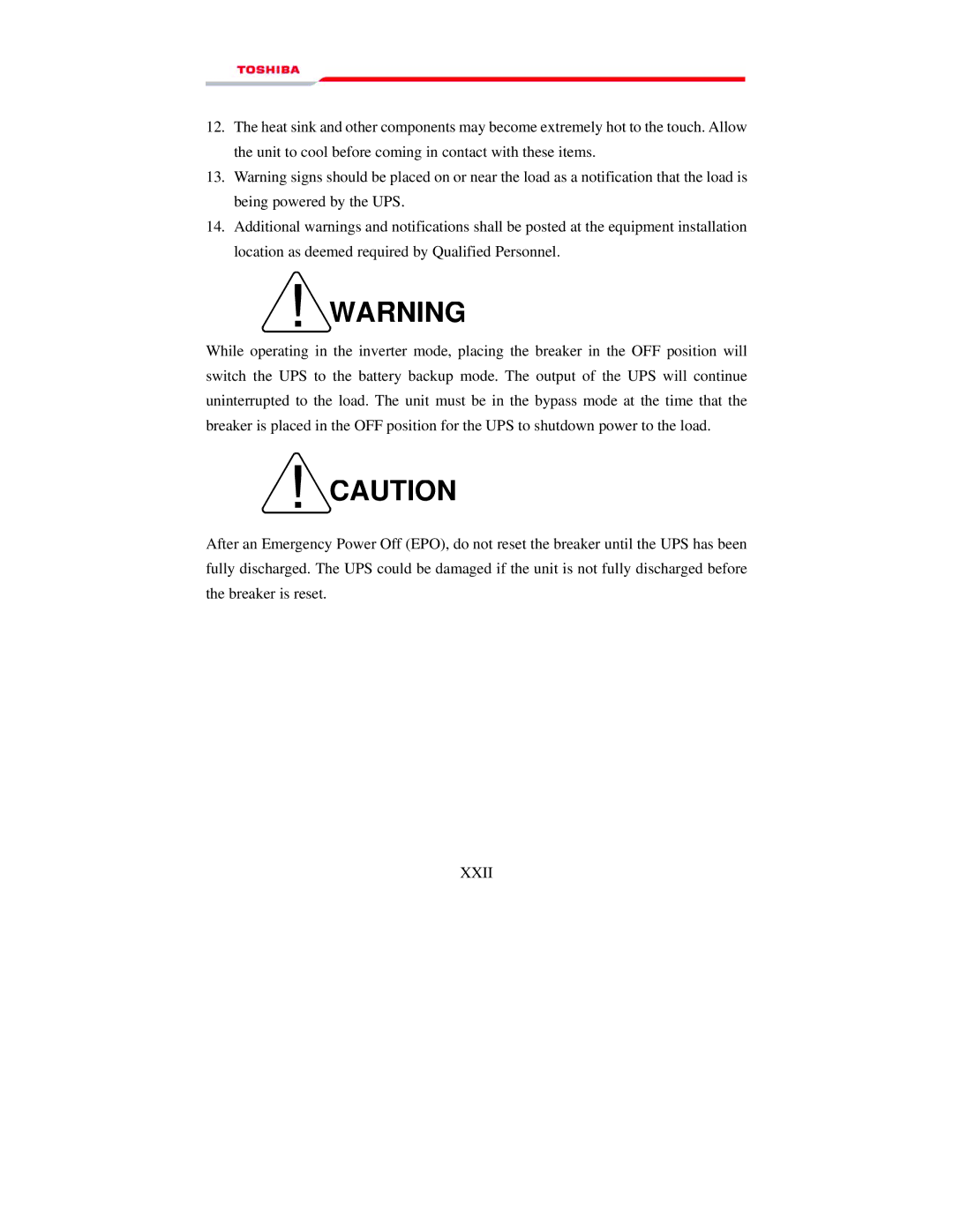 Toshiba 1000 manual Xxii 