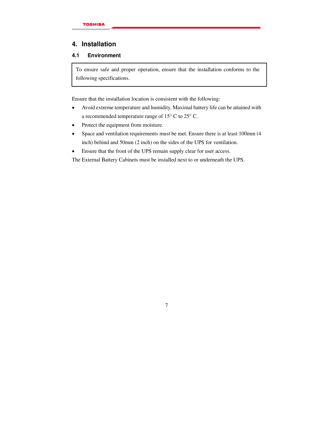 Toshiba 1000 manual Installation, Environment 