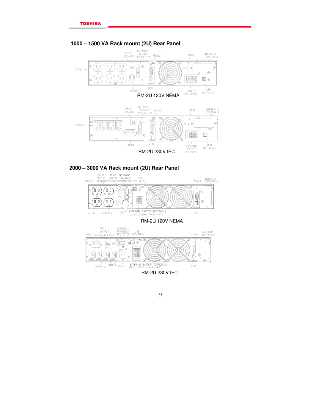 Toshiba manual 1000 1500 VA Rack mount 2U Rear Panel, 2000 3000 VA Rack mount 2U Rear Panel 
