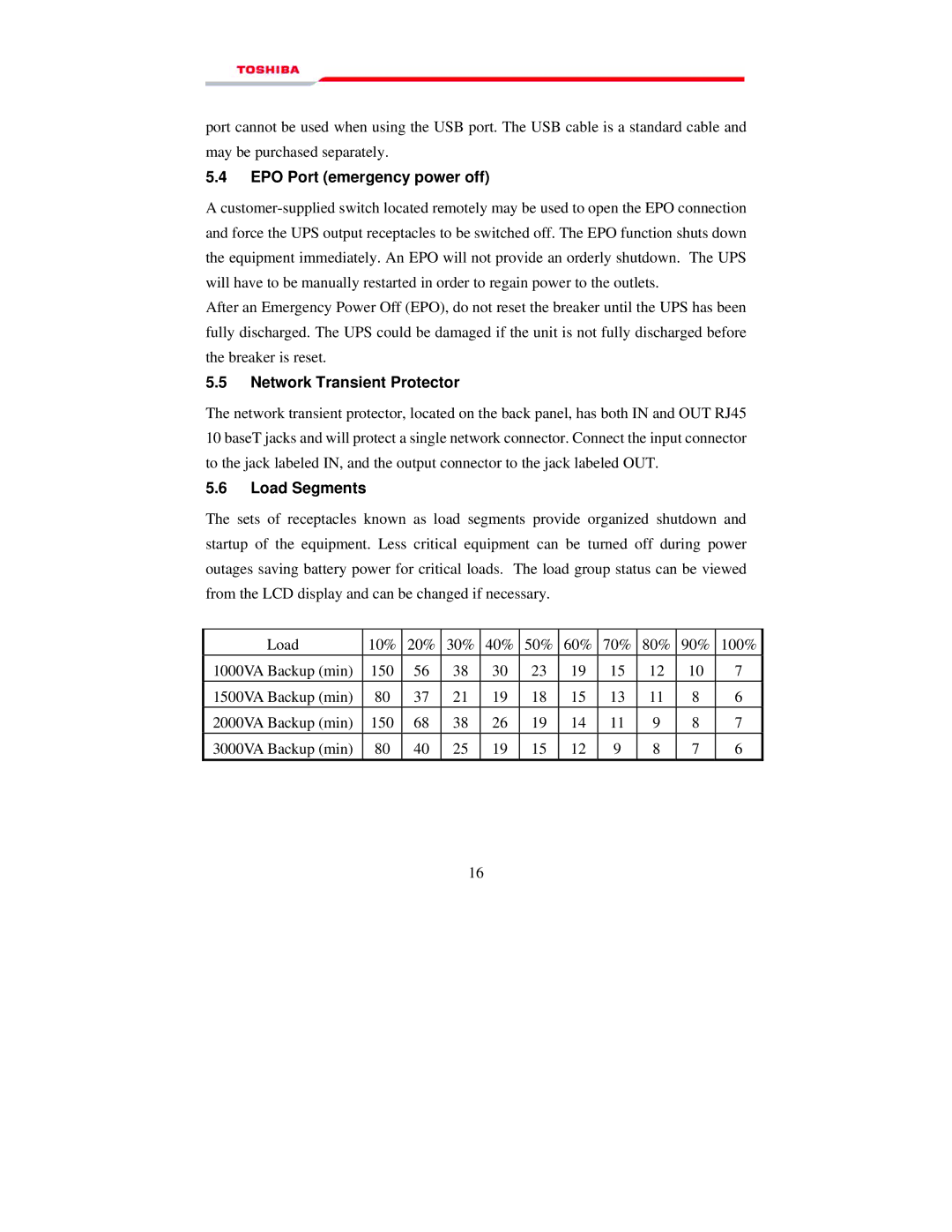 Toshiba 1000 manual EPO Port emergency power off, Network Transient Protector, Load Segments 