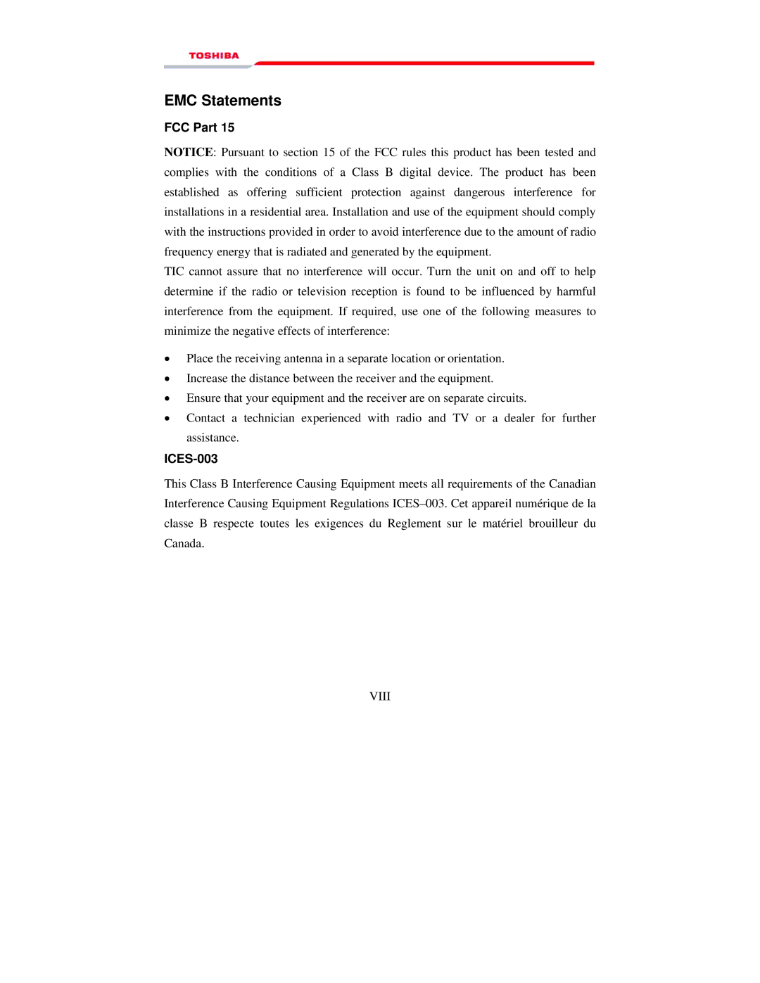Toshiba 1000 manual EMC Statements, FCC Part, ICES-003 