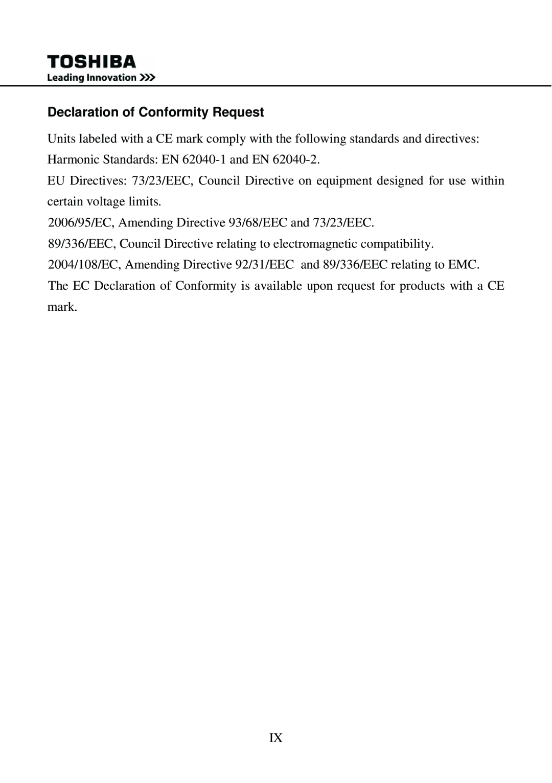 Toshiba 1000 user manual Declaration of Conformity Request 