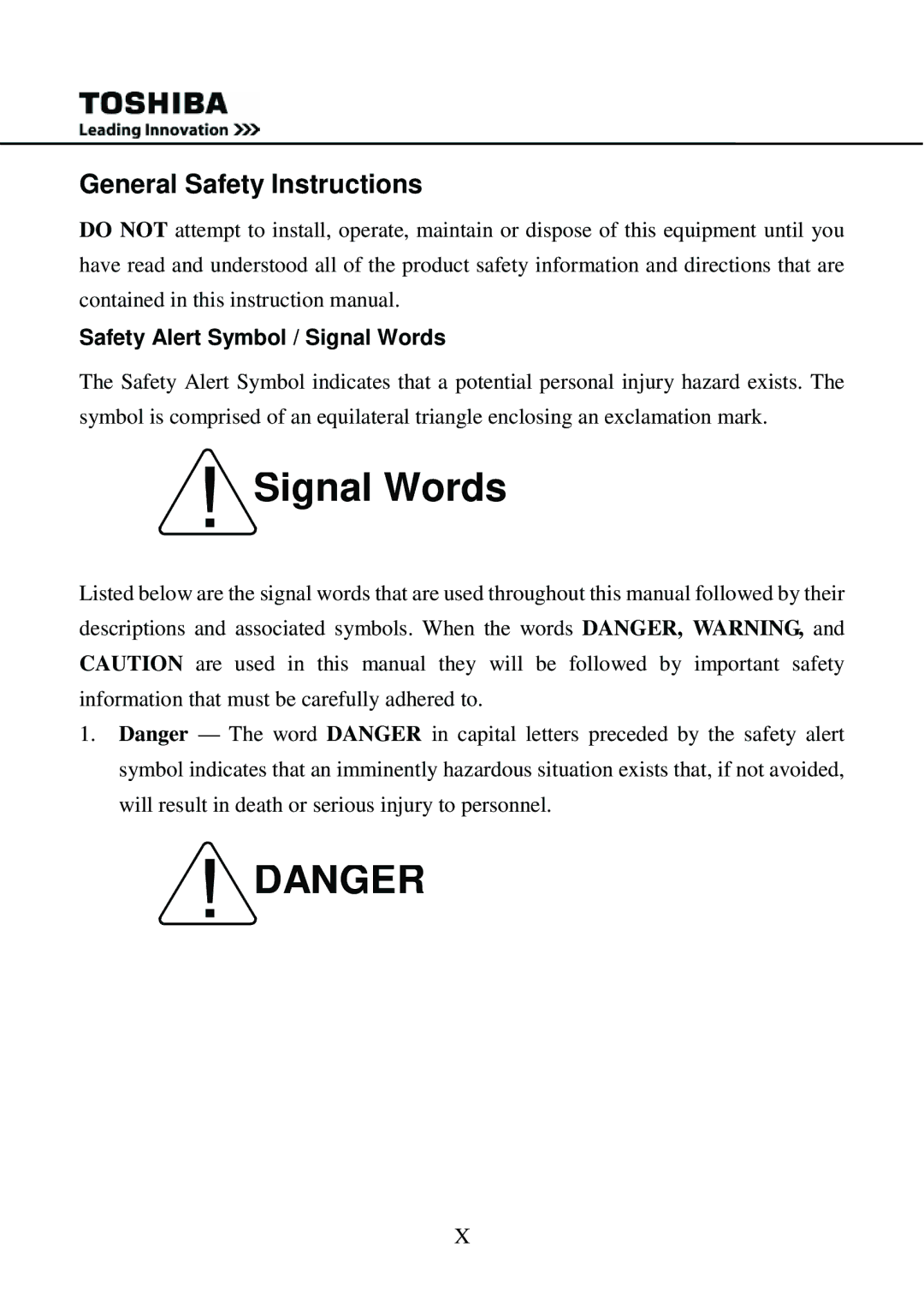 Toshiba 1000 user manual General Safety Instructions, Safety Alert Symbol / Signal Words 