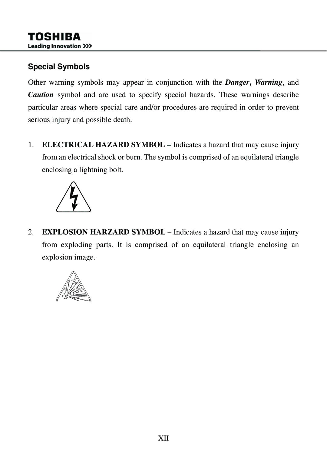 Toshiba 1000 user manual Special Symbols 