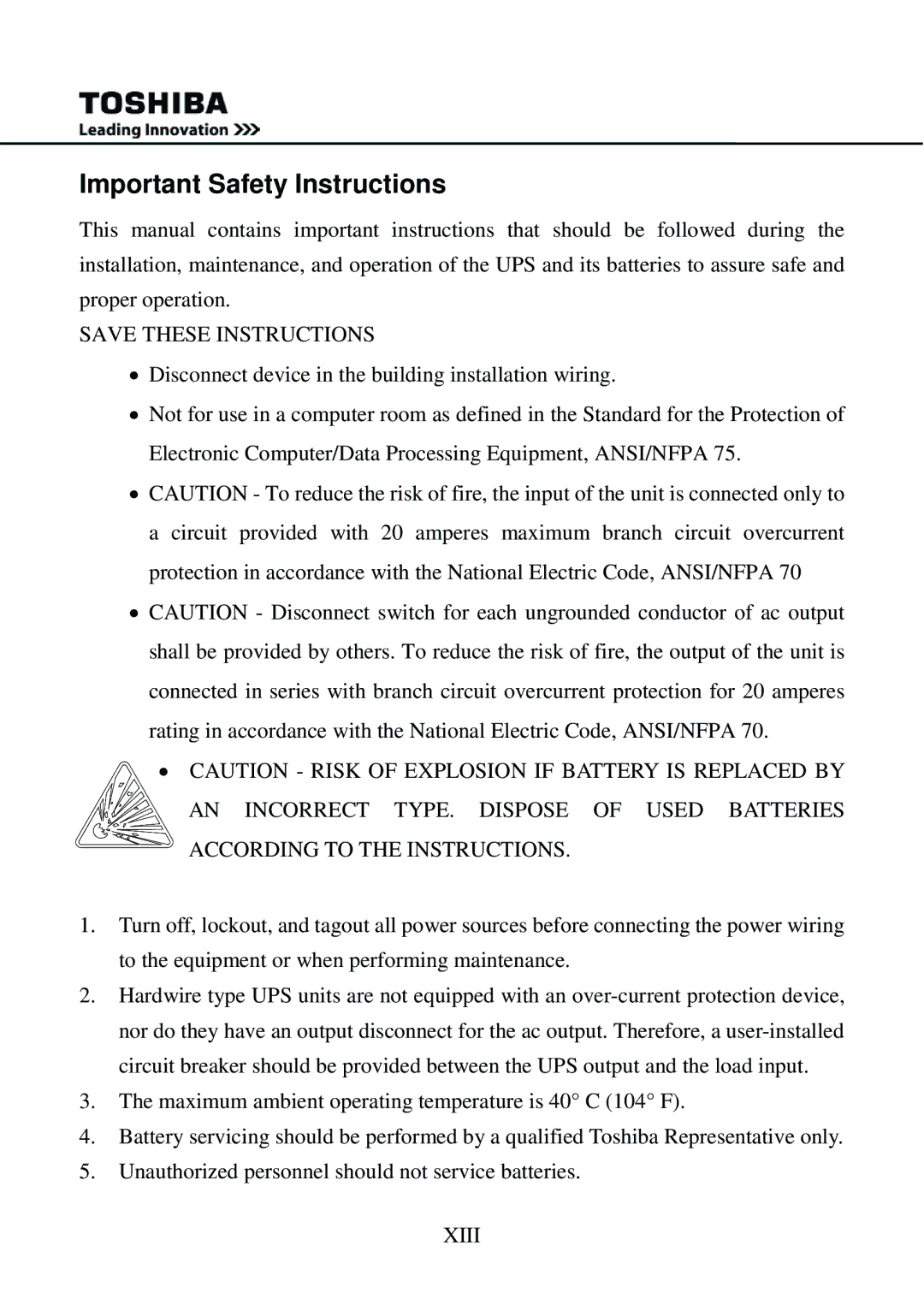 Toshiba 1000 user manual Important Safety Instructions 