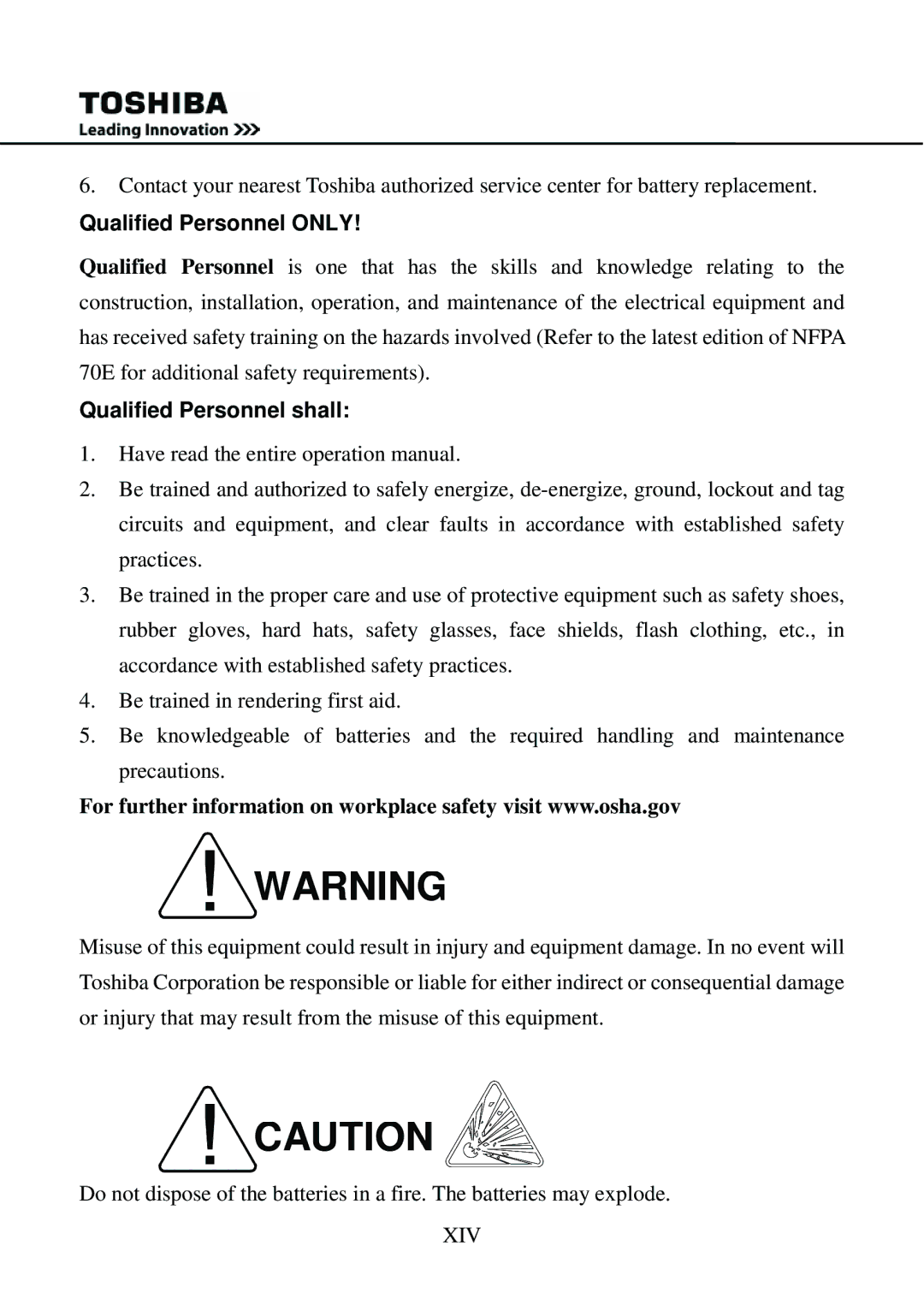 Toshiba 1000 user manual Qualified Personnel only, Qualified Personnel shall 