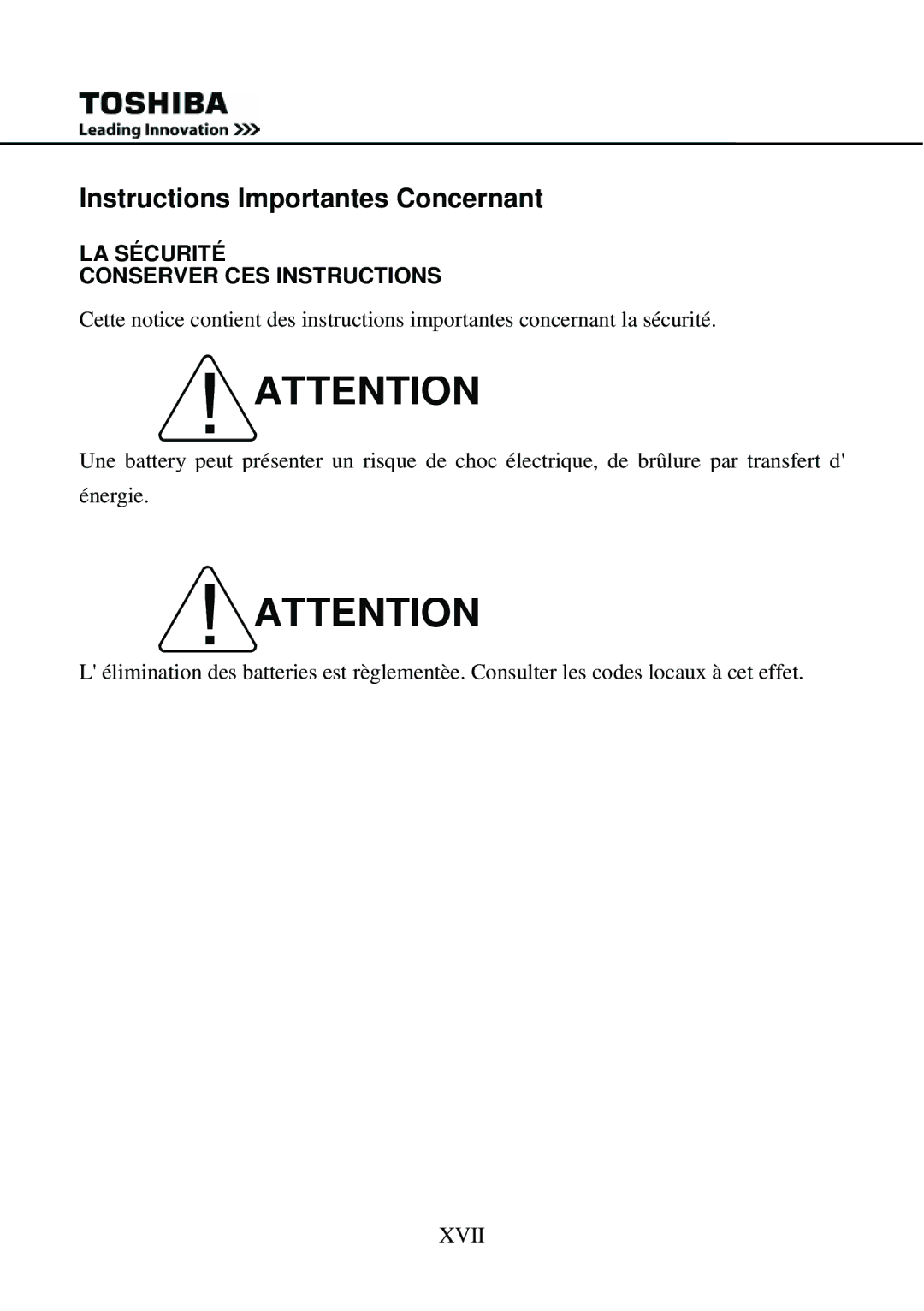 Toshiba 1000 user manual Instructions Importantes Concernant, LA Sécurité Conserver CES Instructions 