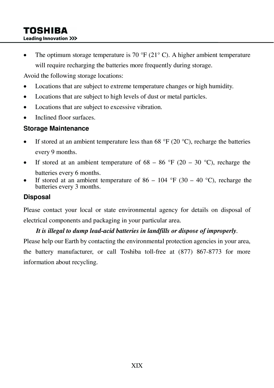 Toshiba 1000 user manual Storage Maintenance, Disposal 