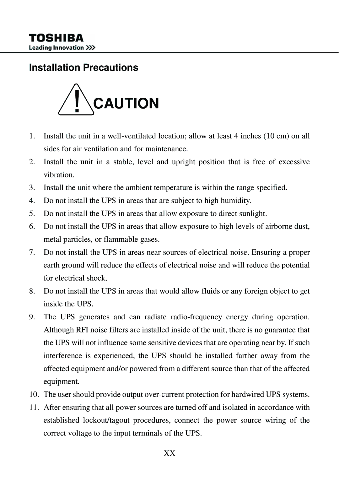 Toshiba 1000 user manual Installation Precautions 