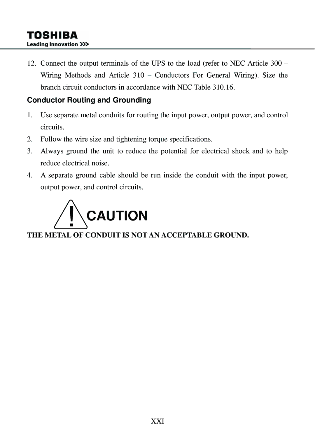 Toshiba 1000 user manual Conductor Routing and Grounding 