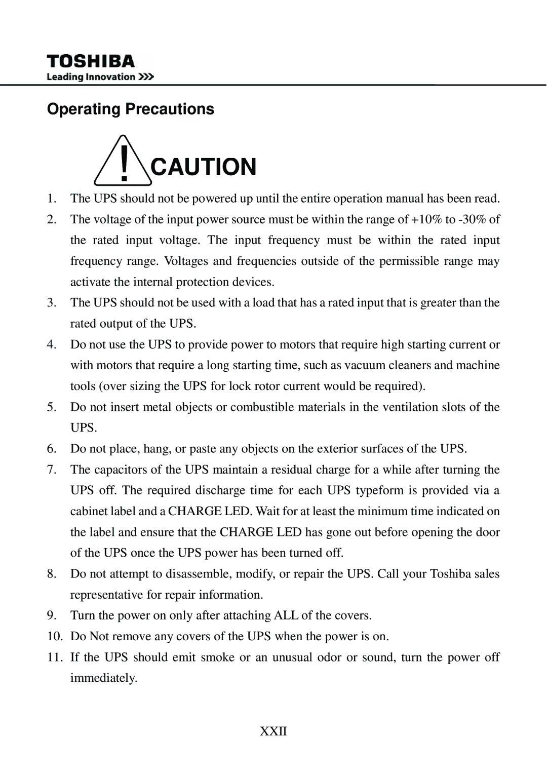 Toshiba 1000 user manual Operating Precautions 