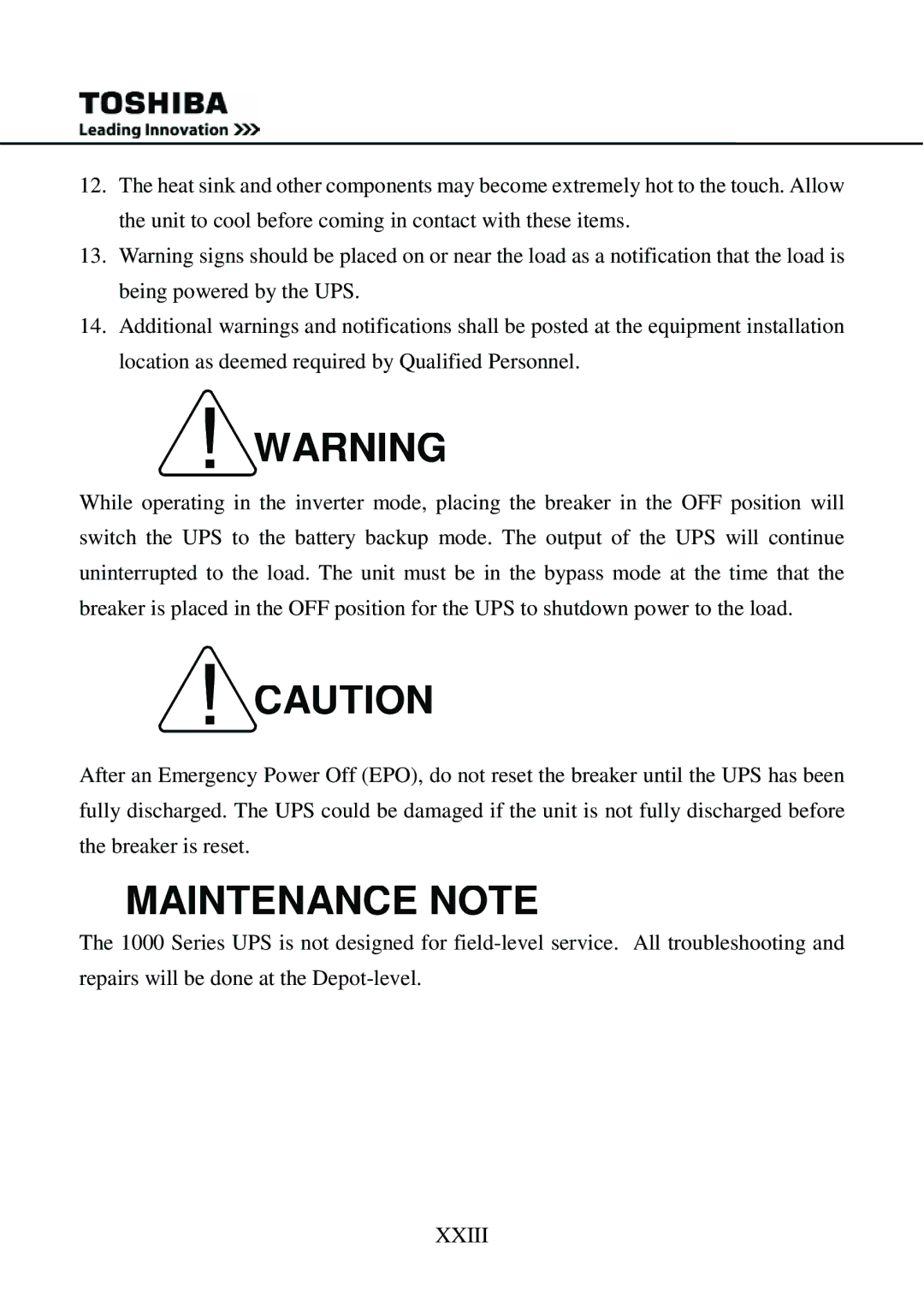 Toshiba 1000 user manual Maintenance Note 