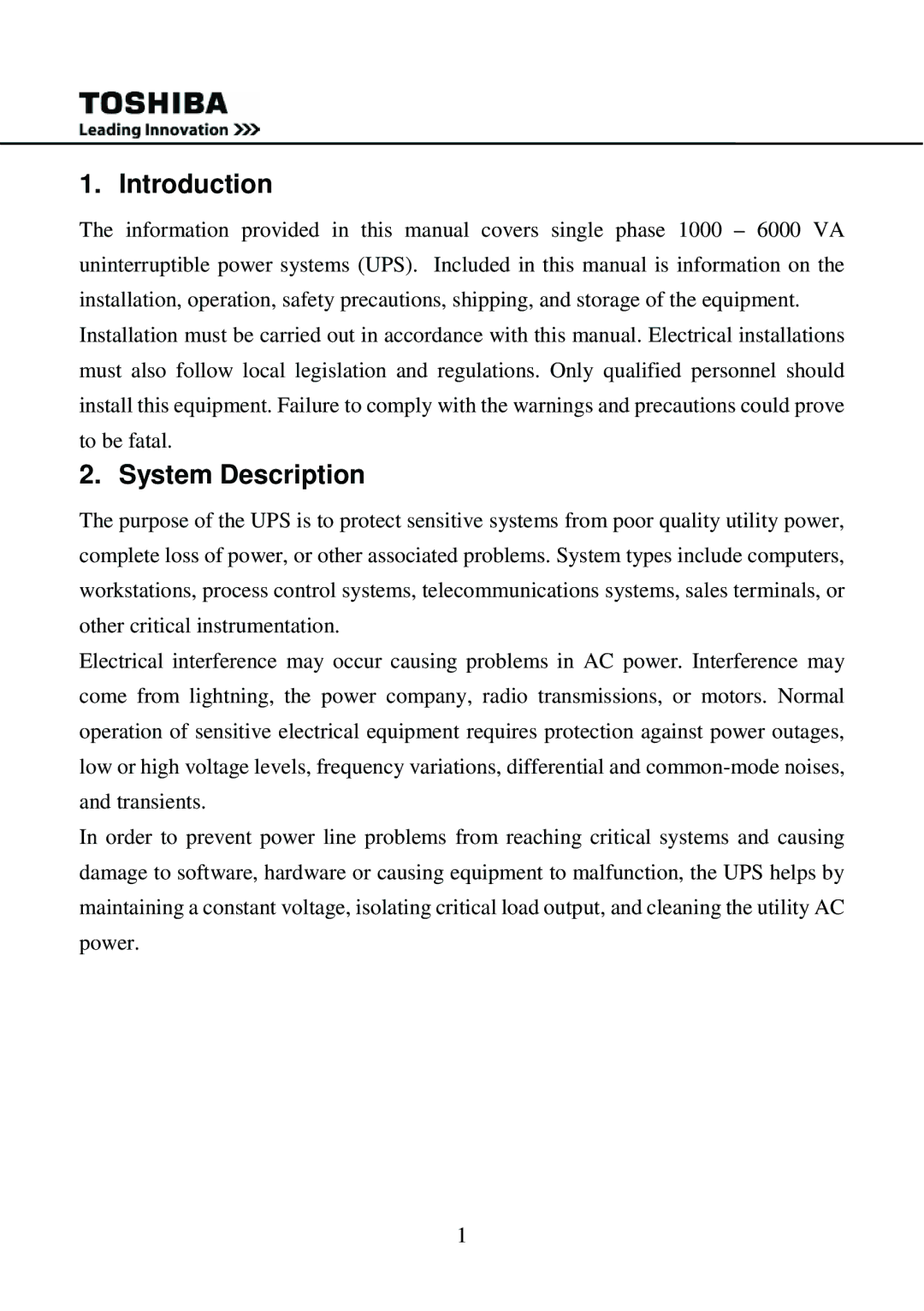 Toshiba 1000 user manual Introduction, System Description 