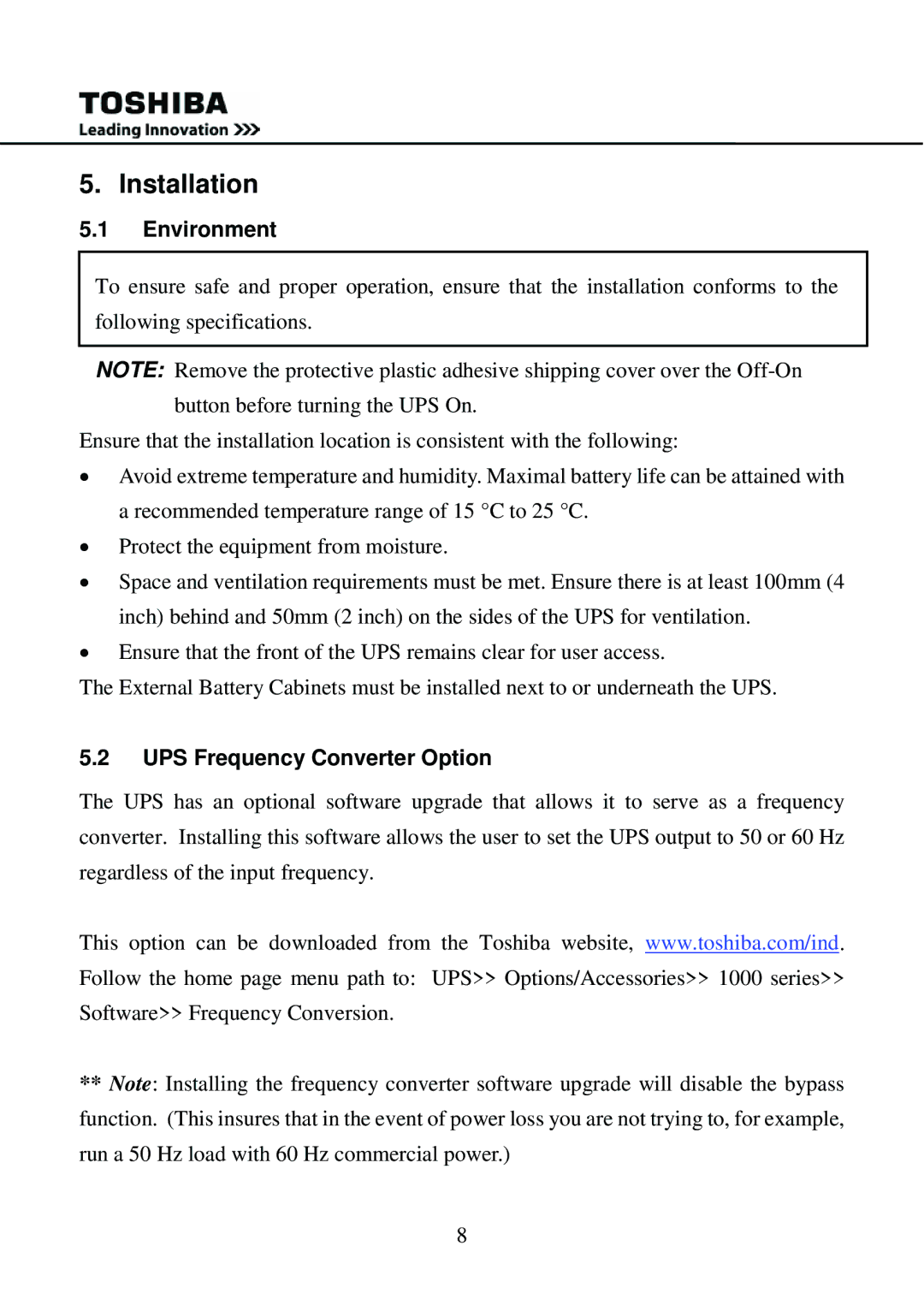 Toshiba 1000 user manual Installation, Environment, UPS Frequency Converter Option 