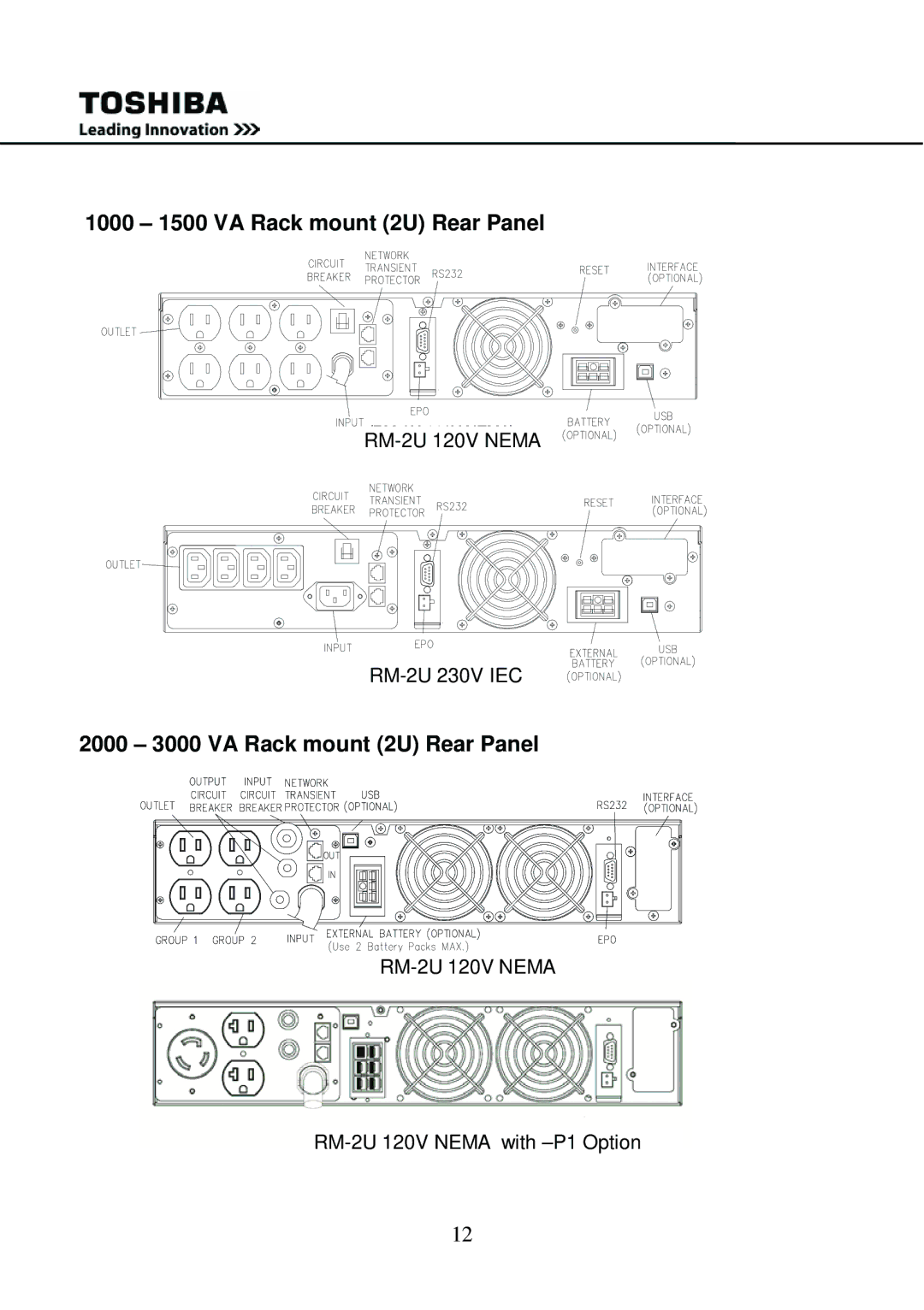 Toshiba user manual 1000 1500 VA Rack mount 2U Rear Panel, 2000 3000 VA Rack mount 2U Rear Panel 