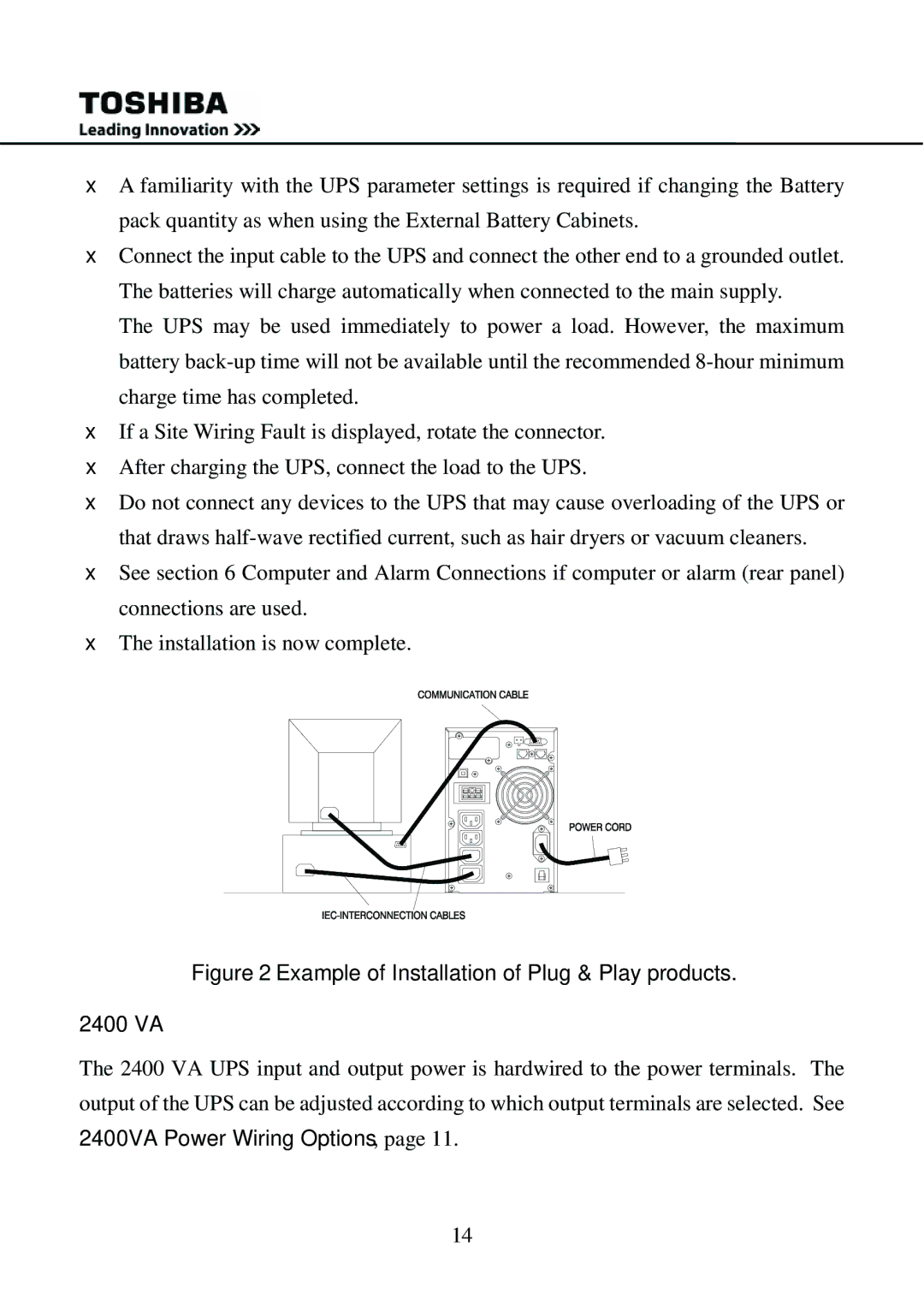 Toshiba 1000 user manual Example of Installation of Plug & Play products, 2400 VA 