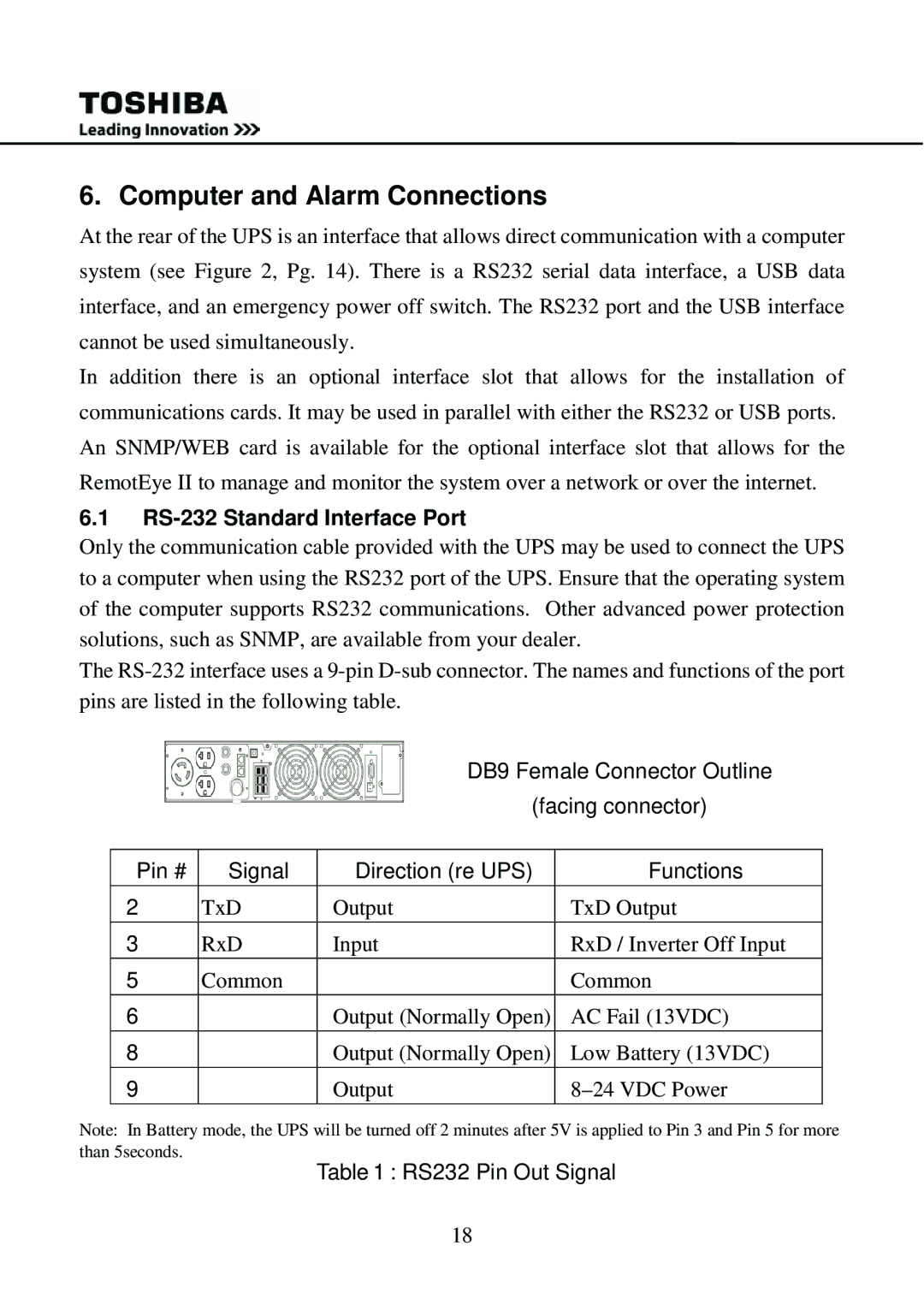 Toshiba 1000 user manual Computer and Alarm Connections, RS-232 Standard Interface Port 