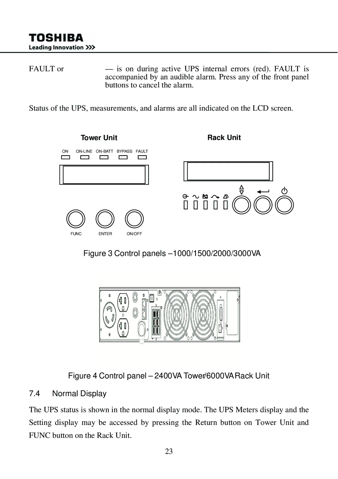 Toshiba user manual Control panels 1000/1500/2000/3000VA, Normal Display 