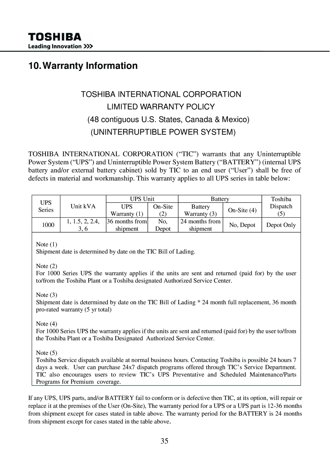 Toshiba 1000 user manual Warranty Information, Uninterruptible Power System 