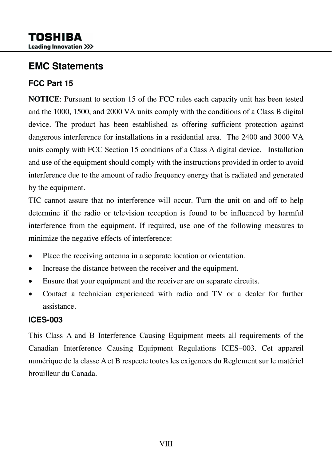 Toshiba 1000 user manual EMC Statements, FCC Part, ICES-003 