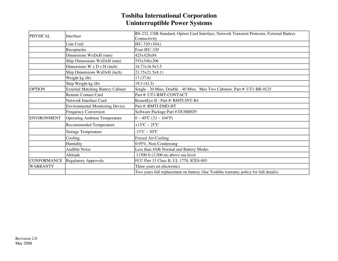 Toshiba 1000 specifications Physical, Option, Environment, Conformance, Warranty 