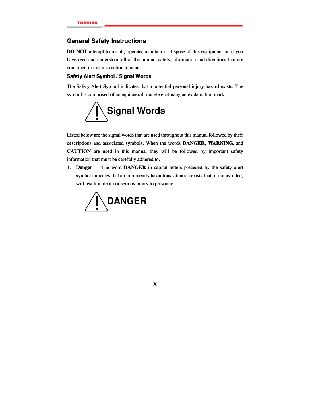 Toshiba 1000 manual Danger, General Safety Instructions, Safety Alert Symbol / Signal Words 