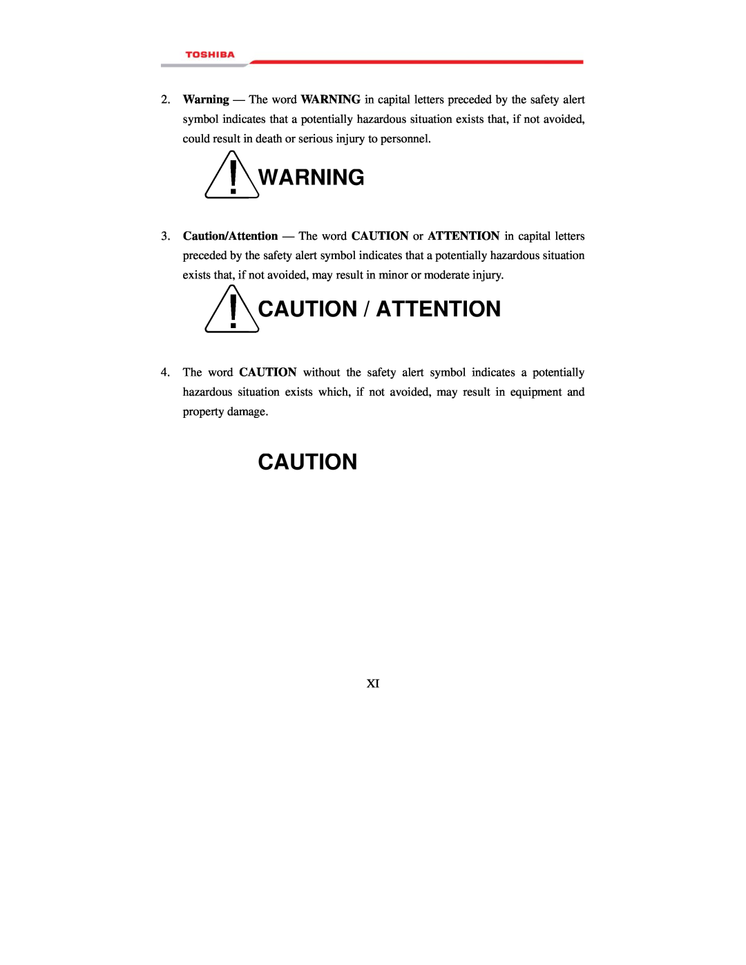 Toshiba 1000 manual Caution / Attention 