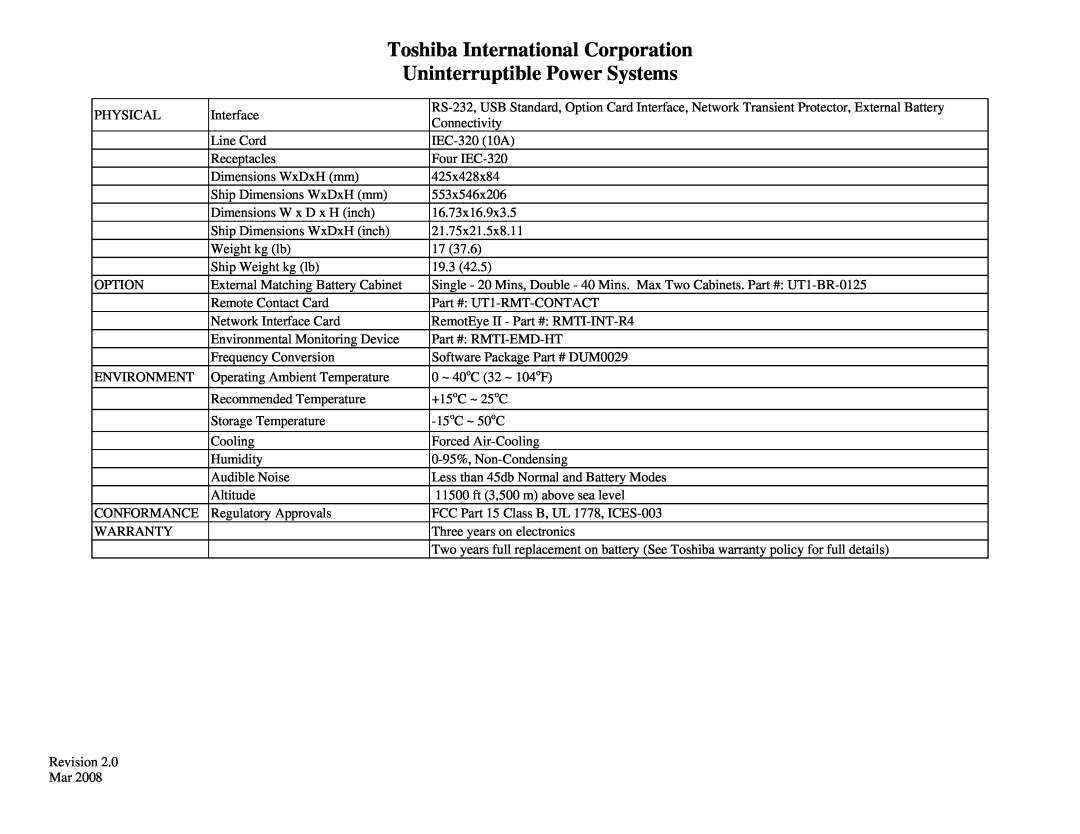 Toshiba 1000 specifications Toshiba International Corporation, Uninterruptible Power Systems 