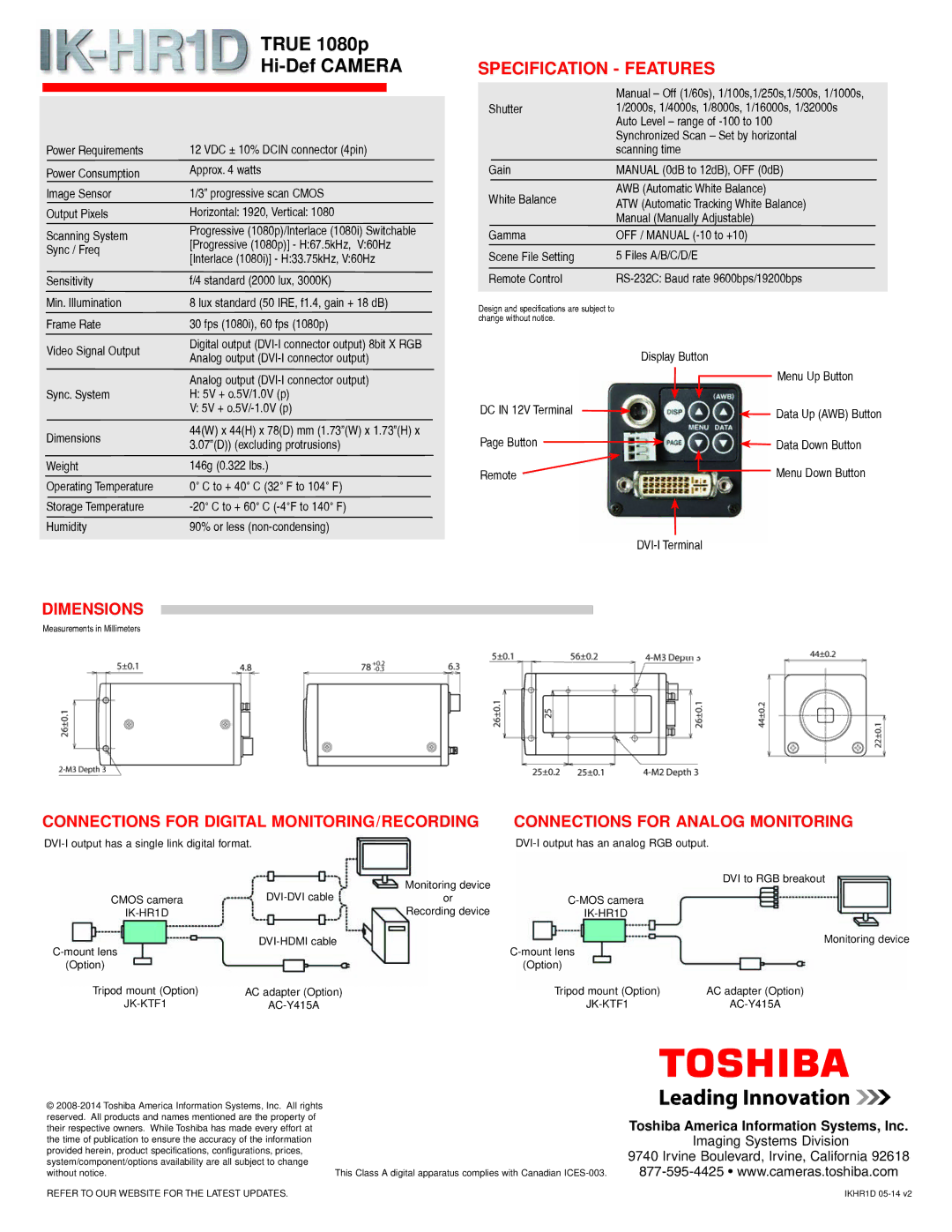 Toshiba 1080p /60 FP3 True 1080p Hi-Def Camera, Specification Features, Dimensions, Connections for Analog Monitoring 