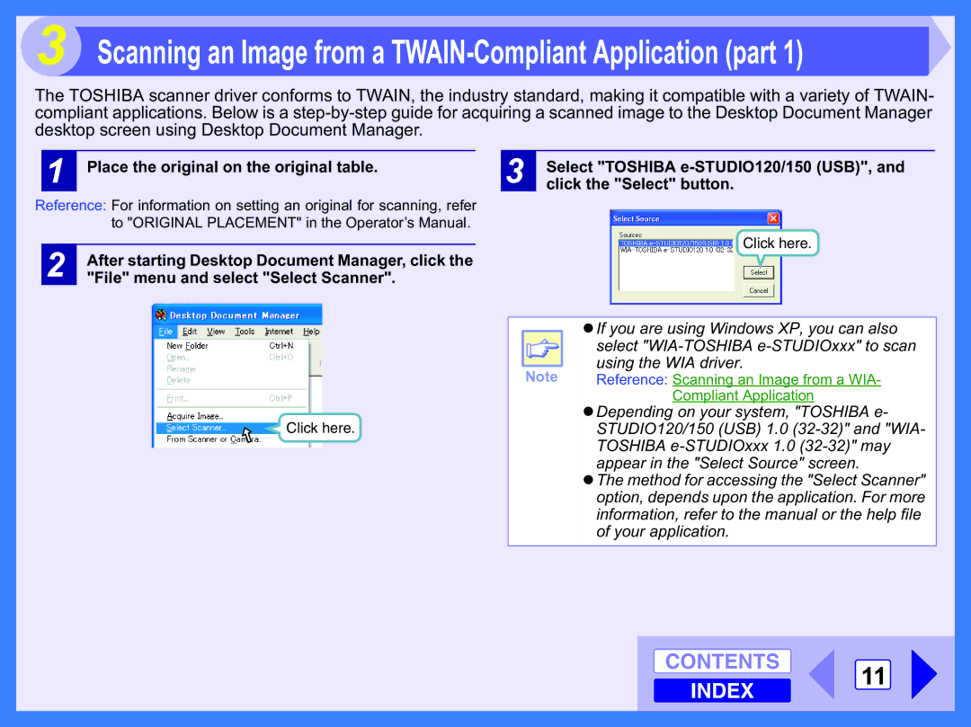 Toshiba 120 manual Scanning an Image from a TWAIN-Compliant Application part, Place the original on the original table 