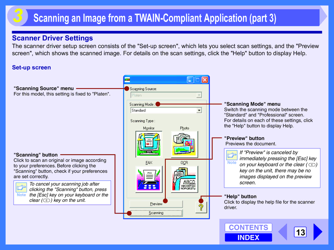 Toshiba 120 manual Scanner Driver Settings, Set-up screen 