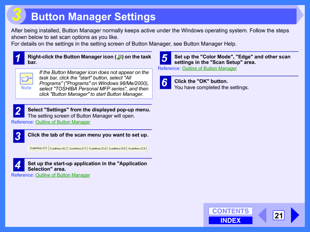 Toshiba 120 manual Button Manager Settings, Rightbar. -click the Button Manager icon on the task, Click the OK button 