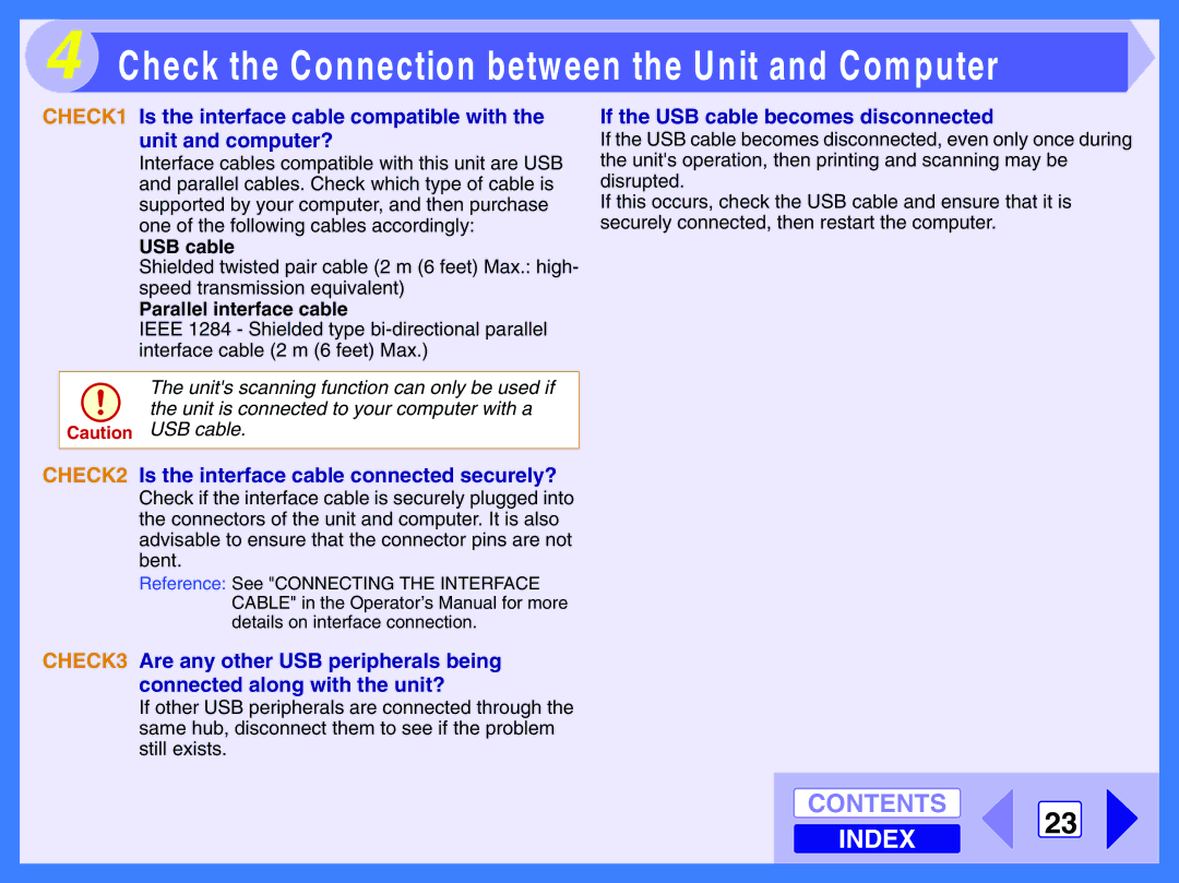 Toshiba 120 manual Check the Connection between the Unit and Computer, If the USB cable becomes disconnected 