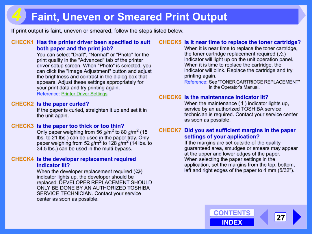 Toshiba 120 manual Faint, Uneven or Smeared Print Output, Contents 27 Index 