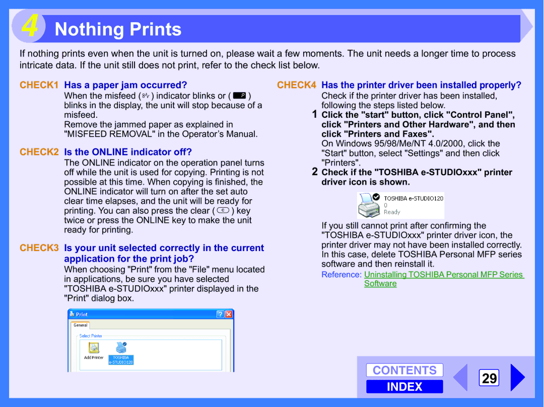 Toshiba 120 manual Nothing Prints, CHECK1 Has a paper jam occurred?, CHECK2 Is the Online indicator off? 