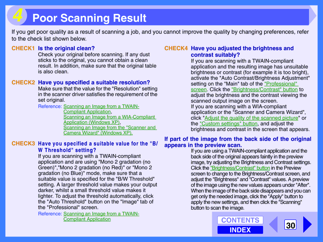 Toshiba 120 manual Poor Scanning Result, CHECK1 Is the original clean?, CHECK2 Have you specified a suitable resolution? 