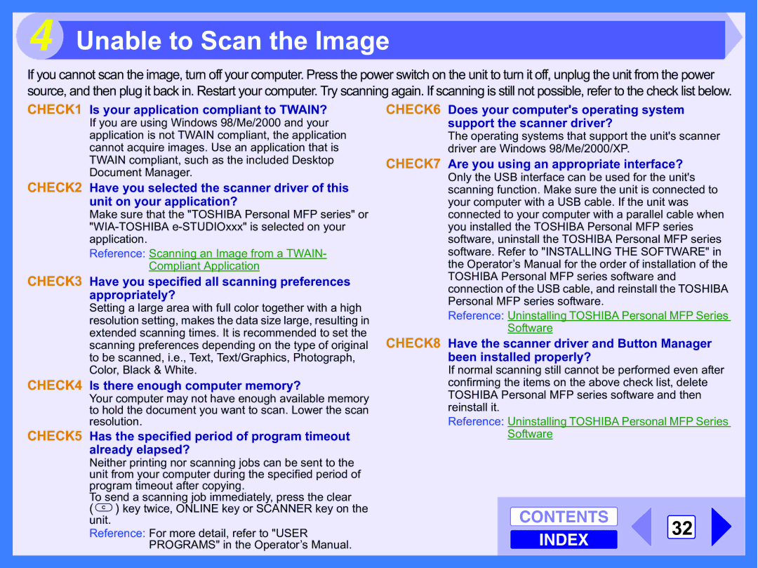 Toshiba 120 manual Unable to Scan the Image, CHECK1 Is your application compliant to TWAIN? 