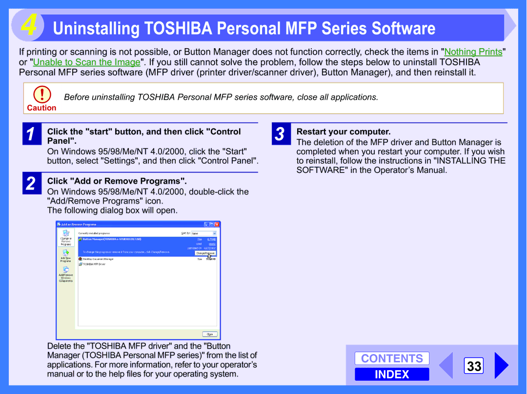 Toshiba 120 manual Uninstalling Toshiba Personal MFP Series Software, Click the start button, and then click Control Panel 