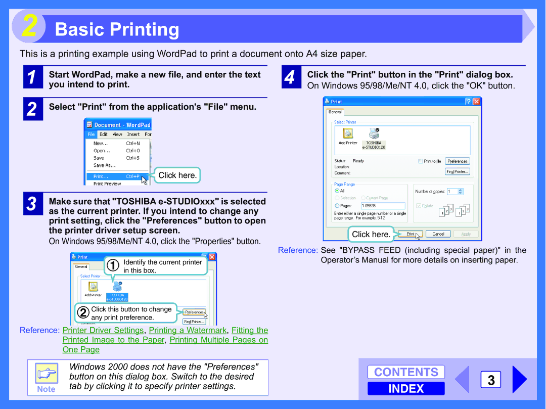 Toshiba 120 manual Basic Printing, On Windows 95/98/Me/NT 4.0, click the Properties button 