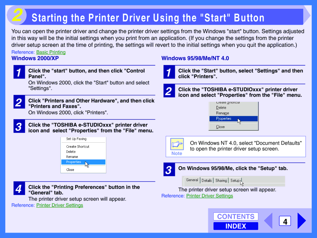 Toshiba 120 manual Starting the Printer Driver Using the Start Button, Windows 2000/XP, Windows 95/98/Me/NT 