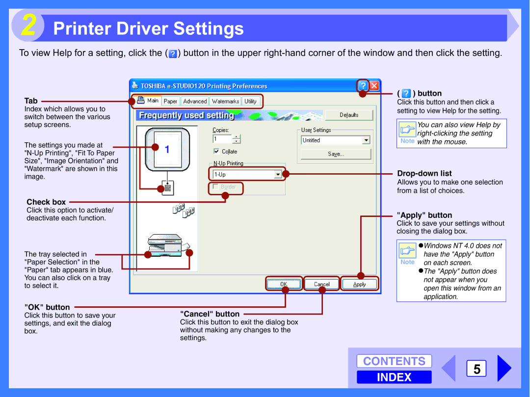 Toshiba 120 manual Printer Driver Settings, Tab 