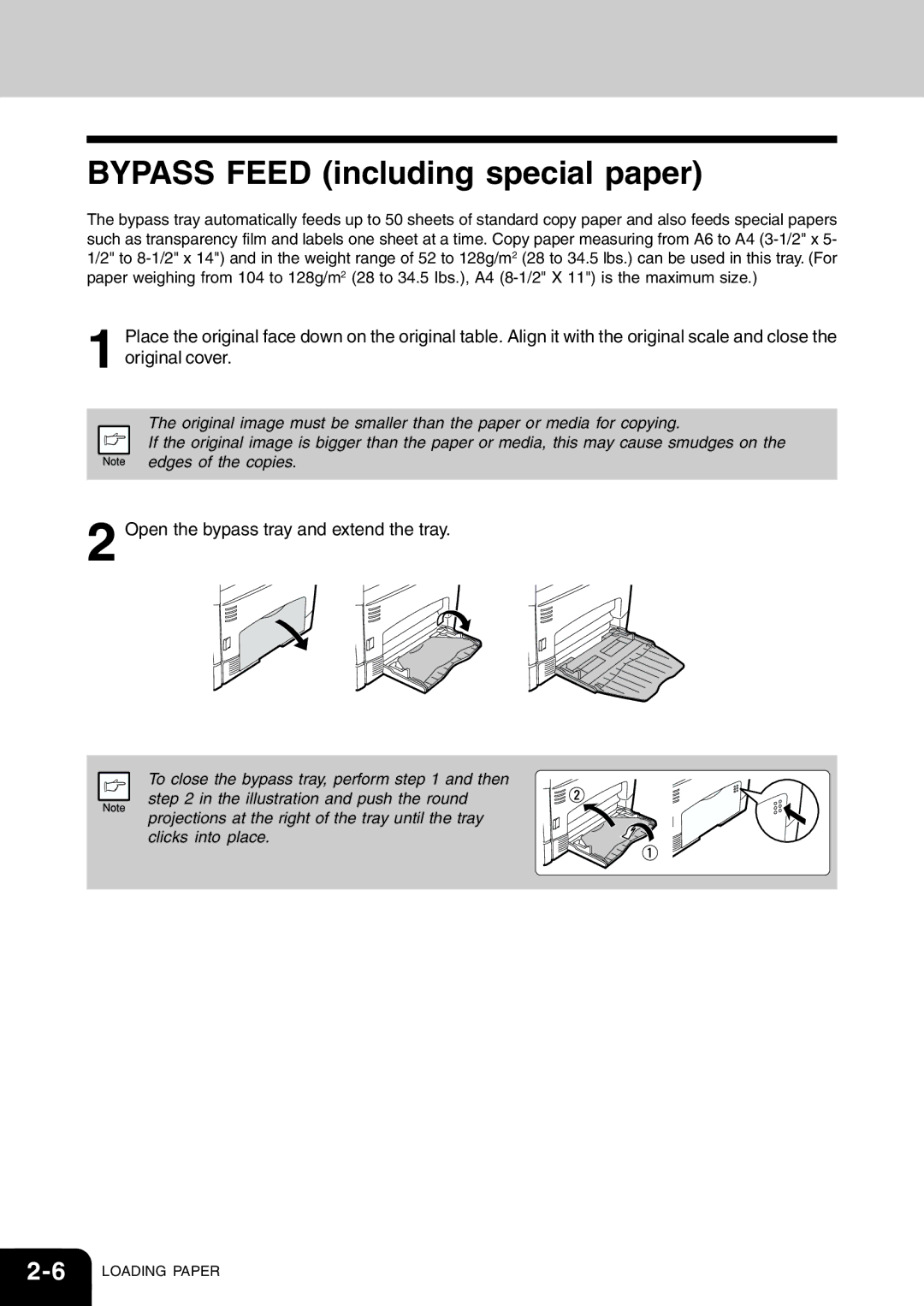 Toshiba 120/150 manual Bypass Feed including special paper, Open the bypass tray and extend the tray 