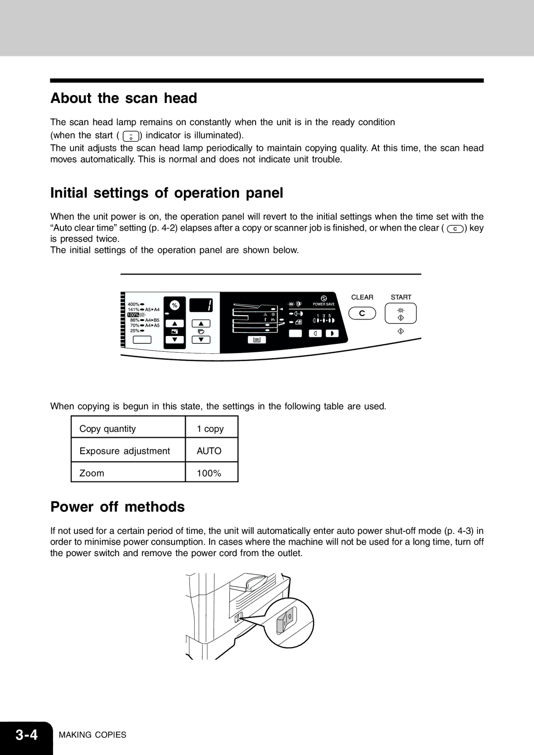 Toshiba 120/150 manual About the scan head, Initial settings of operation panel, Power off methods 