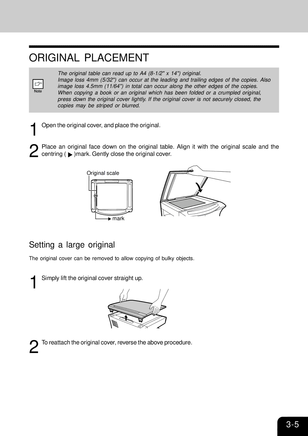 Toshiba 120/150 manual Original Placement, Setting a large original 