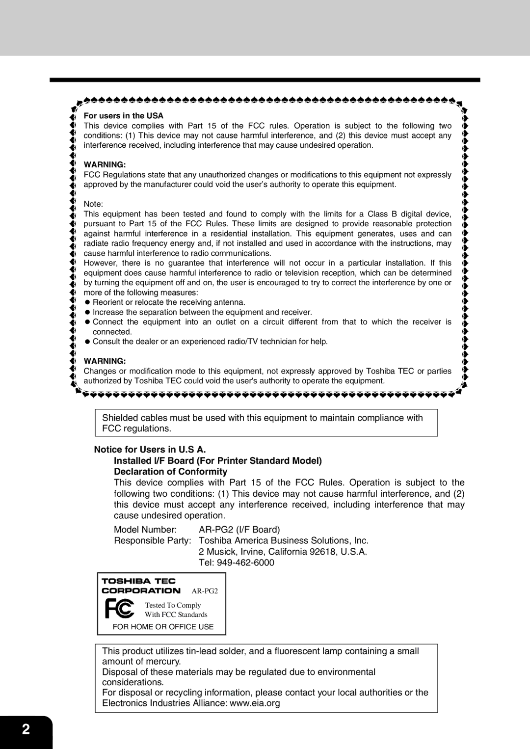 Toshiba 120/150 manual FCC regulations 