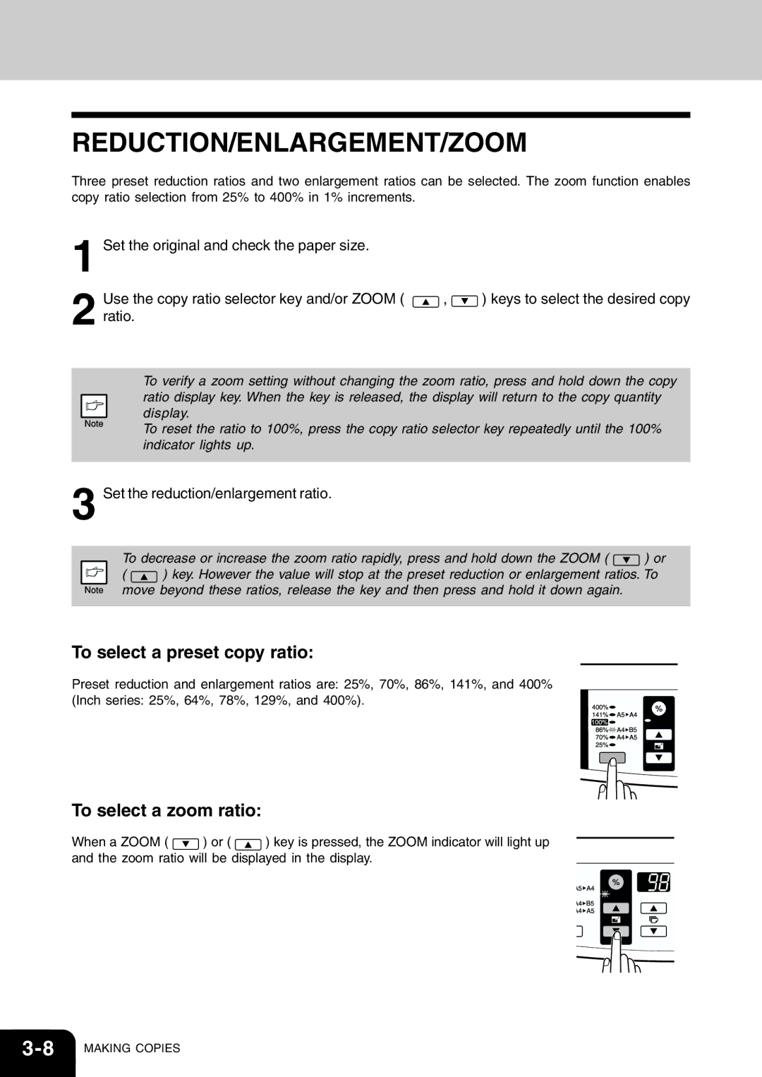 Toshiba 120/150 manual Reduction/Enlargement/Zoom, To select a preset copy ratio, To select a zoom ratio, Ratio 