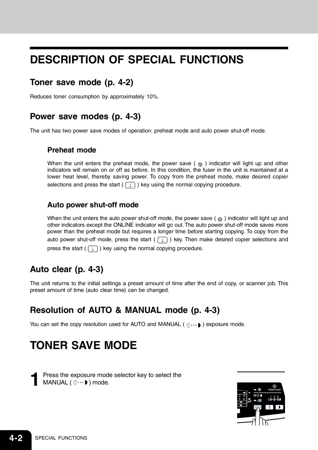 Toshiba 120/150 manual Description of Special Functions, Toner Save Mode 