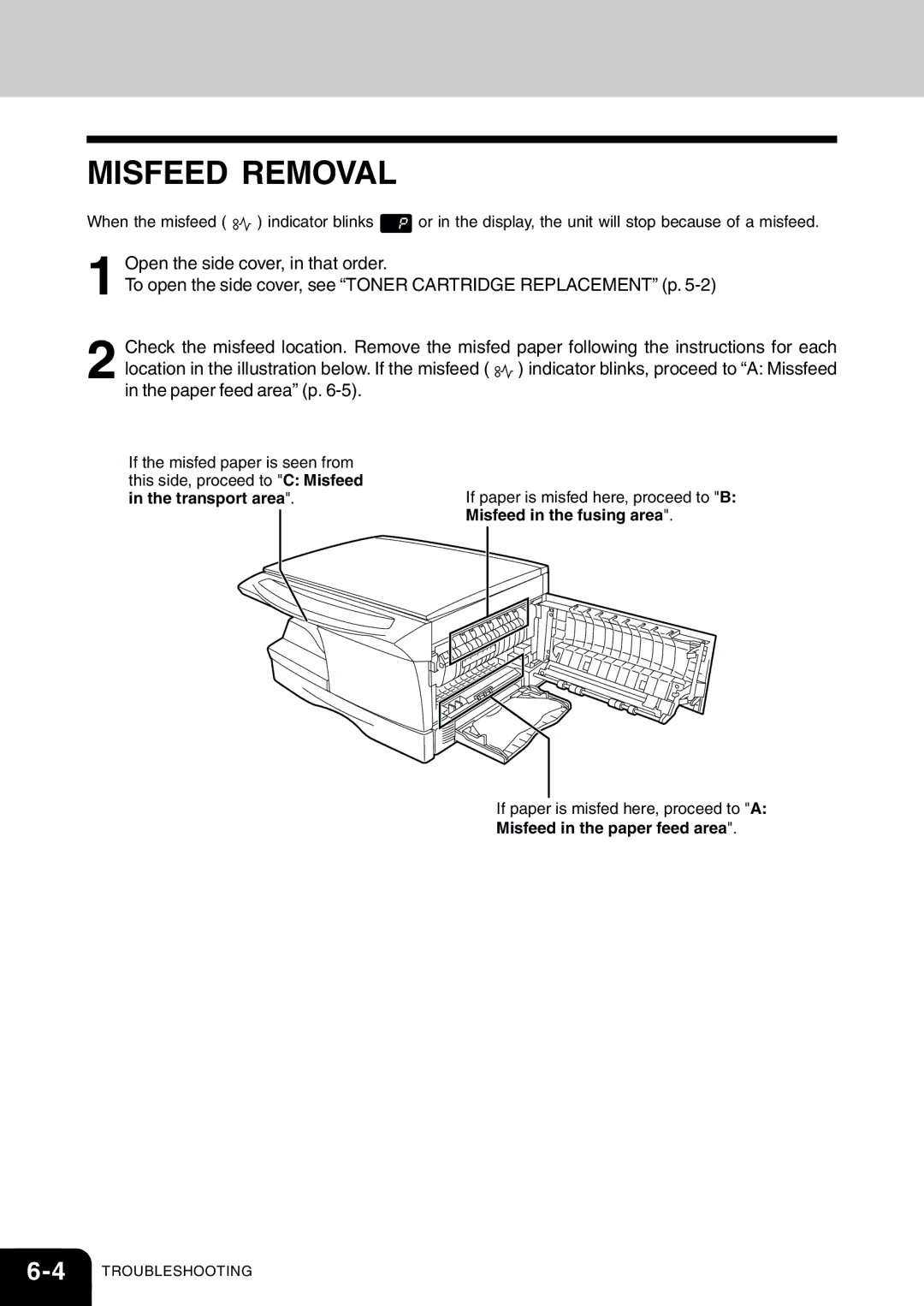 Toshiba 120/150 manual Misfeed Removal 